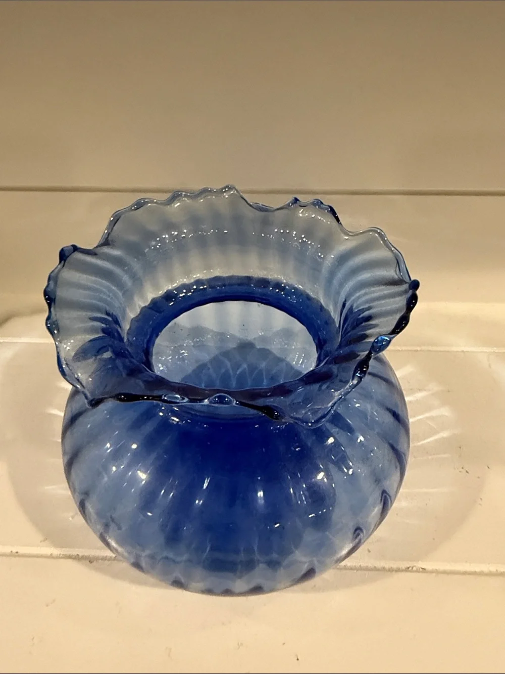 Vintage looking Blue Ruffled Glass Vase - Decorative Home Accent
